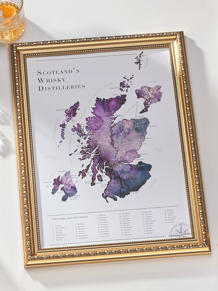 Watercolour Scottish Whisky Distillery Map for wholesale by Slanjj Ltd