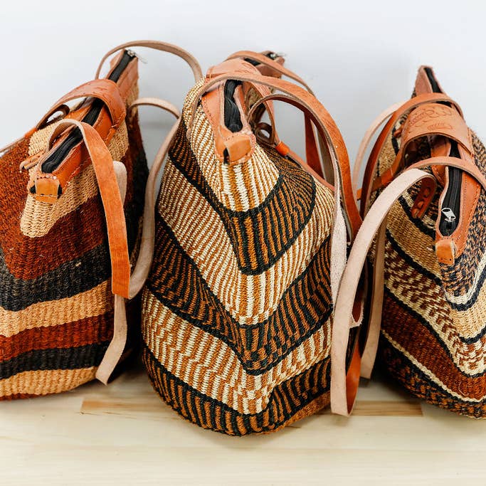Gitzell FairTrade – Sacola - Mulher por atacado – Bolsa tradicional africana de sisal com alças de couro