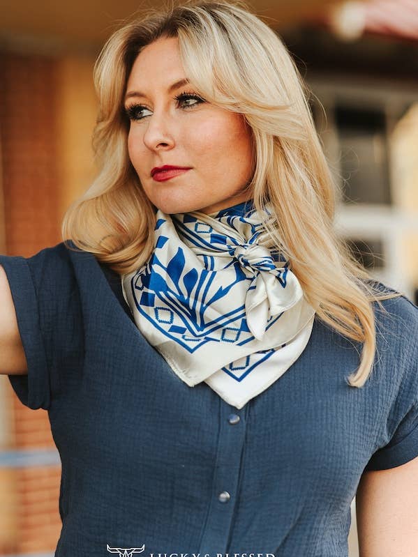 Cream Blue Aztec Printed Wild Rag for wholesale by LUCKY & BLESSED