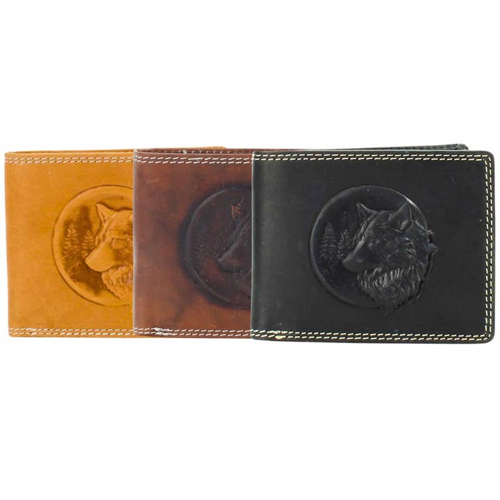 Oil Pull Up Embossed Wolf Bifold Profile Wallet ABB 004 for wholesale by Leather Impressions Inc