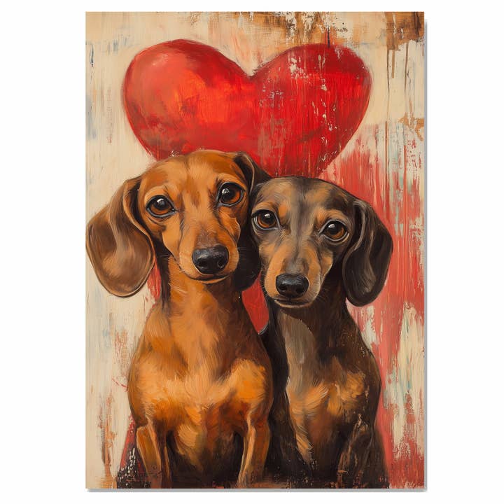Teckel Koppel met Rood Hart Romantische Honden Thuis Kunst Canvas voor wholesale door Art Paradise Studios