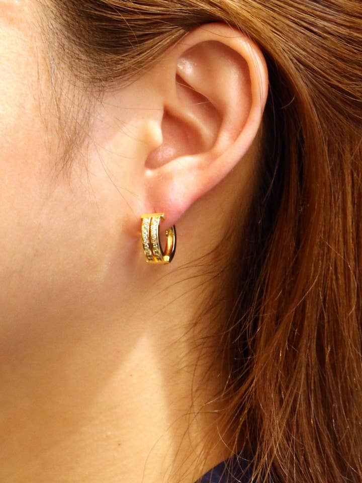 SJE310521 14K Double Line CZ Pave Hoop Earrings for wholesale by MiMi Wholesale