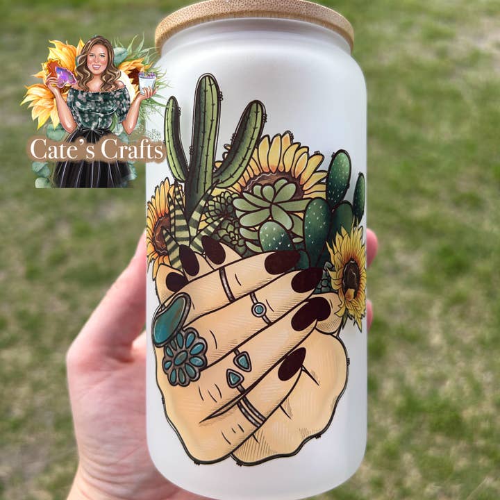 Western Sunflower Succulent Frosted Glass Cup for wholesale by Cate’s Crafts