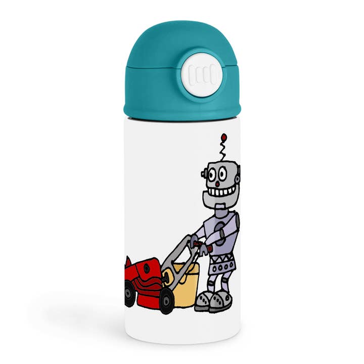 3dRose - Vente Bouteilles d'eau - 3dRose, Drôle de robot tondant l'herbe avec une tondeuse rouge dessin animé, Gourde pour enfants