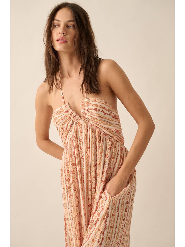 Promesa USA - Wholesale Dress - Women's - Floral-Stripe Tie-Back Maxi Halter Dress