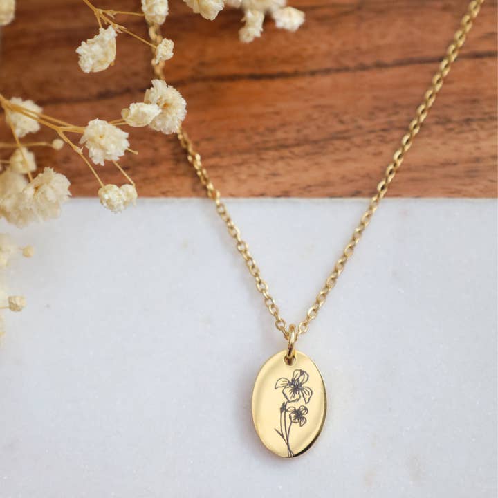 Life Prints Products – wholesale Pendant/charm necklace – Birth Month Flower Necklace: Poppy, Morning Glory, Sunflower