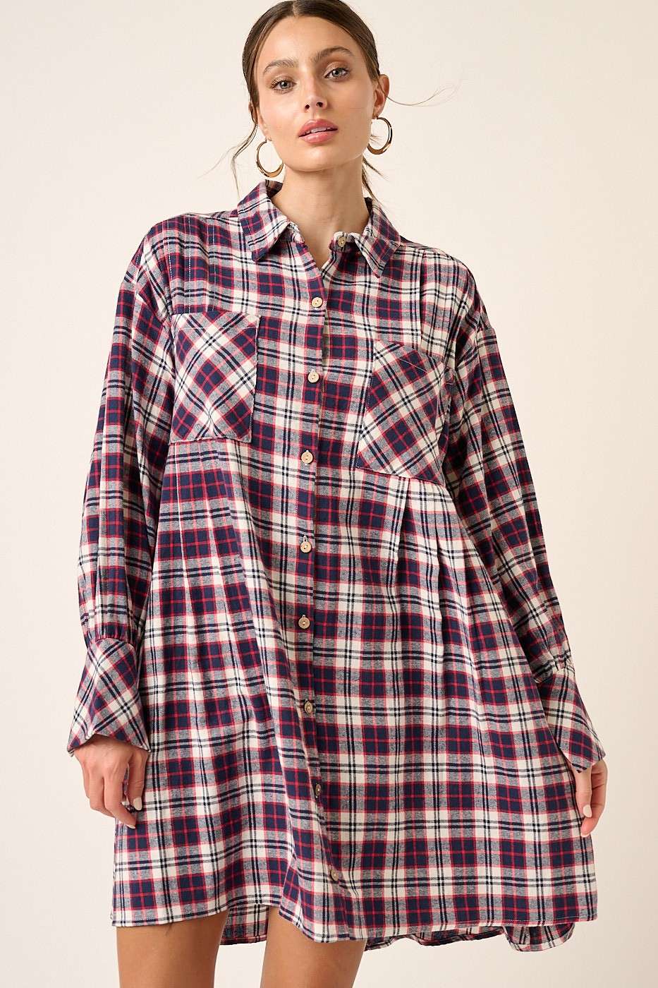 mittoshop - Wholesale Dress - Women's - PLAID BUTTON DOWN OVERSIZE MINI SHIRT DRESS5