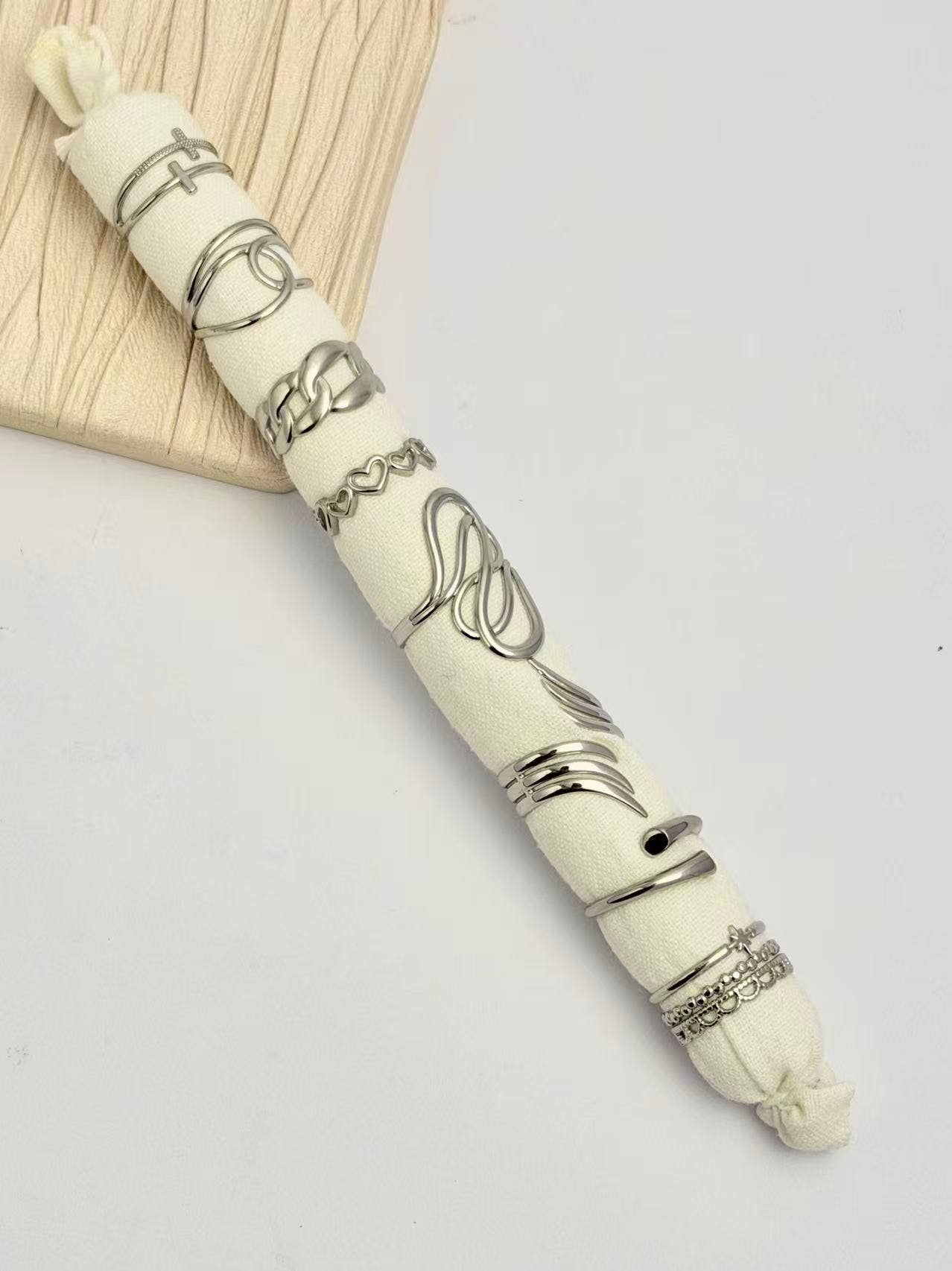 COSMOS - Wholesale Jewelry Set - Set of 8 Adjustable Silver Rings with Modern Design in Steel