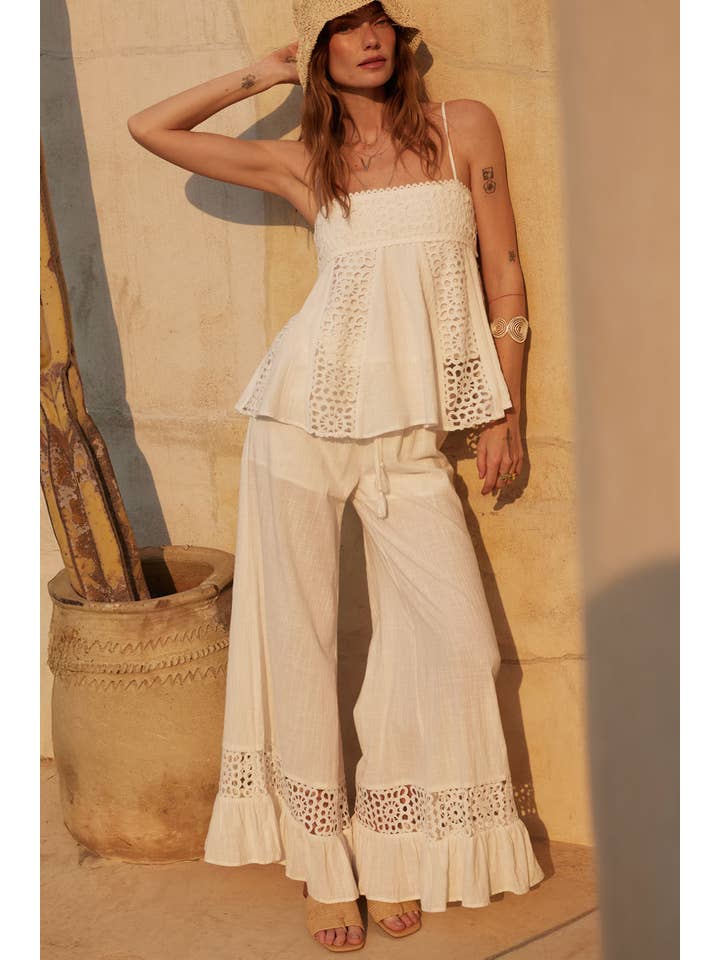 OFF WHITE Cotton and Crochet Lace Wide-Leg Ruffle-Hem Pants for wholesale on Faire