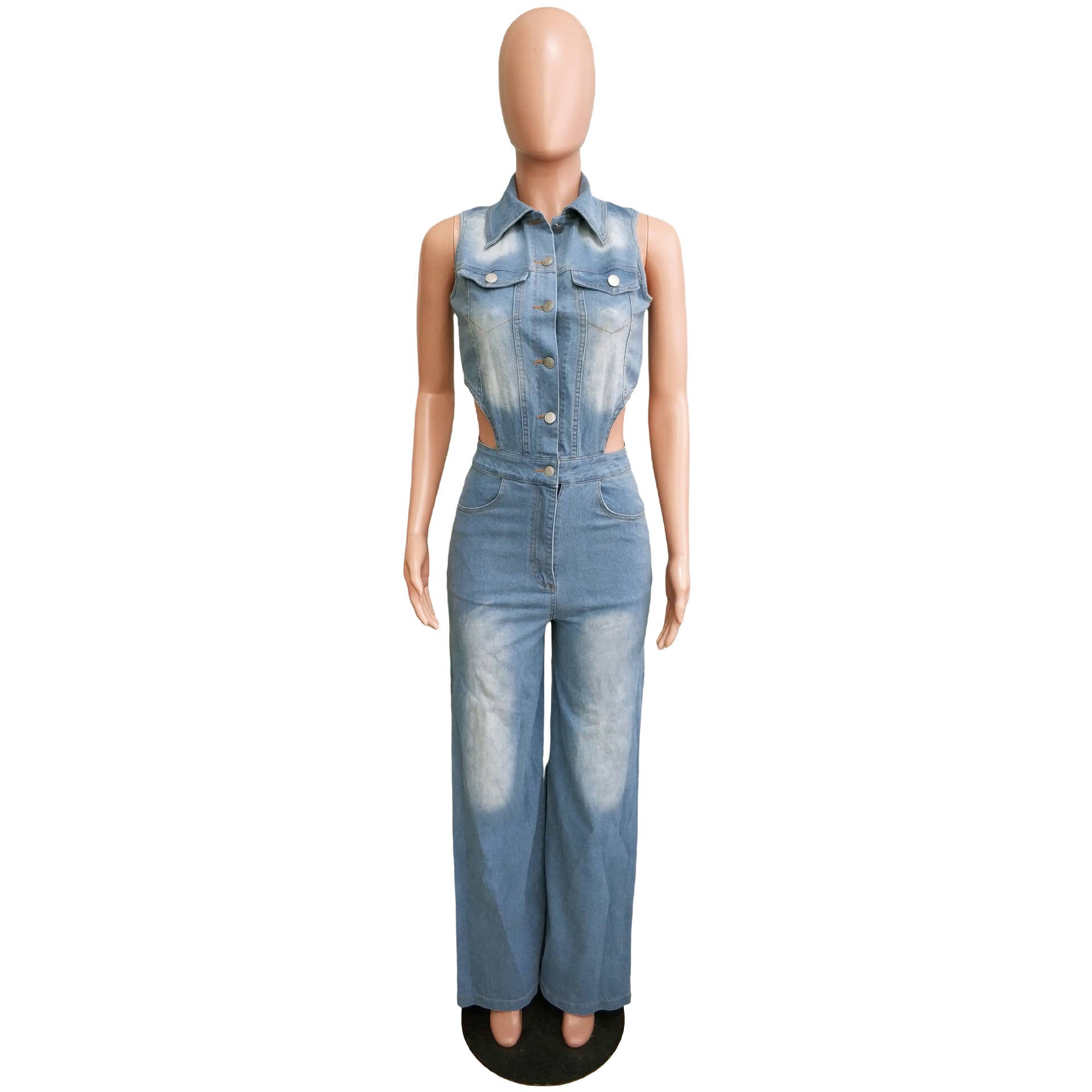 LIGHTBLUE TIGHT WAIST SLIM STRETCH WASH DENIM JUMPSUIT for wholesale on Faire2