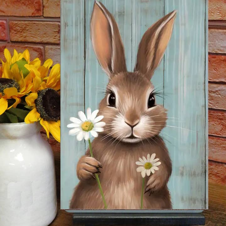 Cute Rabbit With Daisies Metal Sign 8x12 for wholesale by Bad Bunny Designs