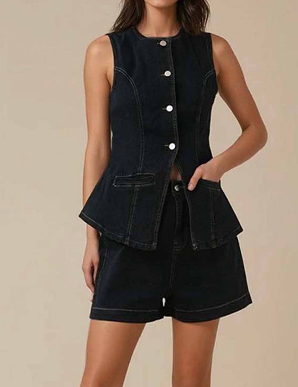 Sweetkama – wholesale Set med topp och shorts – Dam – Damset med ärmlös jeanslinne och shorts13