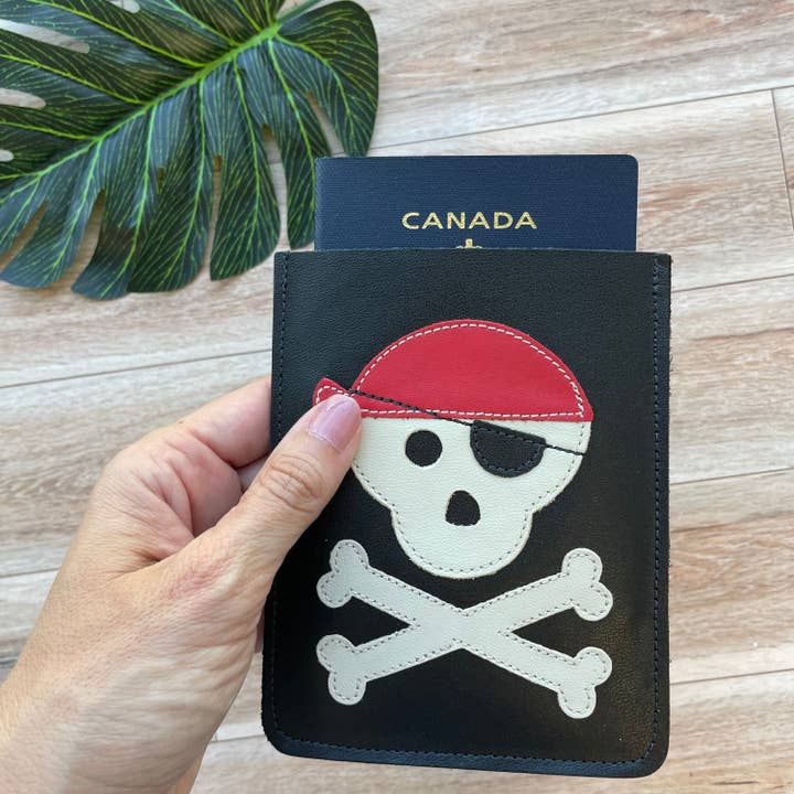 Leather Passport Case, Pirate Skull and Crossbones Design for wholesale by Mally Designs