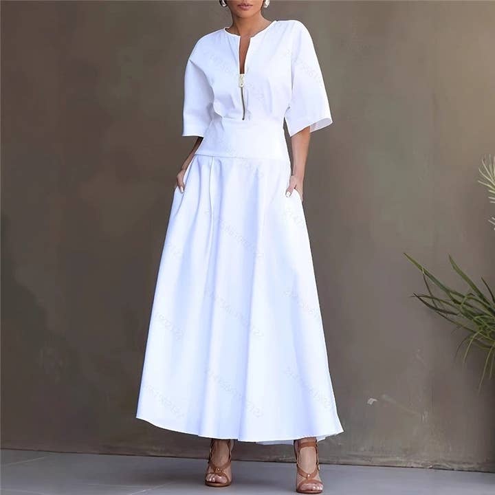 Round Neck Waist Tie Midi Sleeve Dress for wholesale by Mirazshoes WholeSale