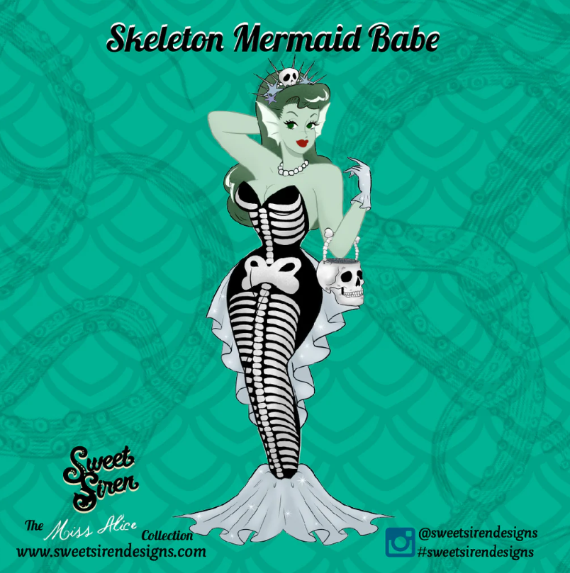 Sweet Siren Designs - Wholesale Lapel Pin/Button - Skeleton Mermaid Babe Retro Pinup Enamel Pin1
