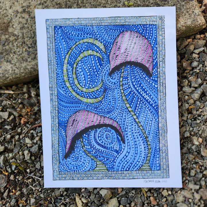 Blue Mushroom Watercolor Art Print 8.5x11in for wholesale by WaterDamnages