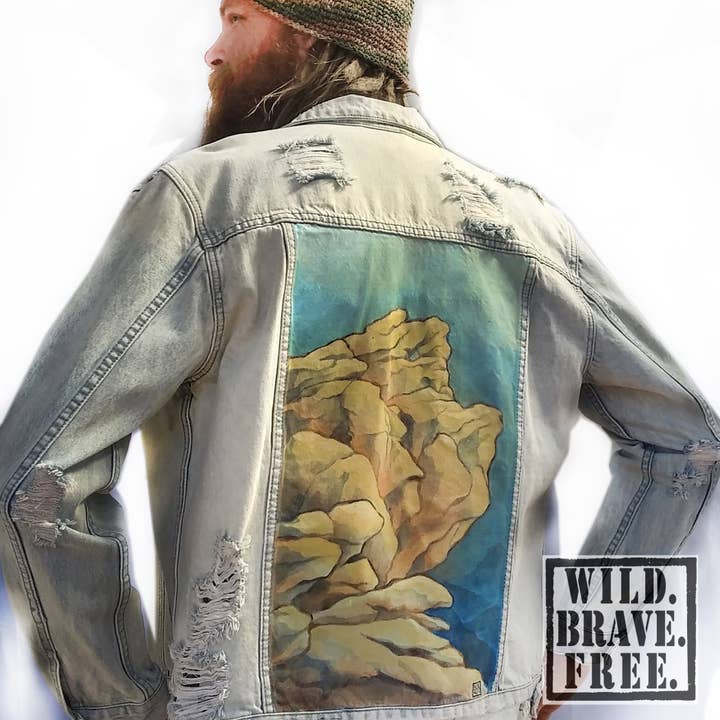 WILD. BRAVE. FREE. - Wholesale Denim Jacket - Men's - "Sky Valley" One of A Kind, Men's Denim Art Jacket (L)1