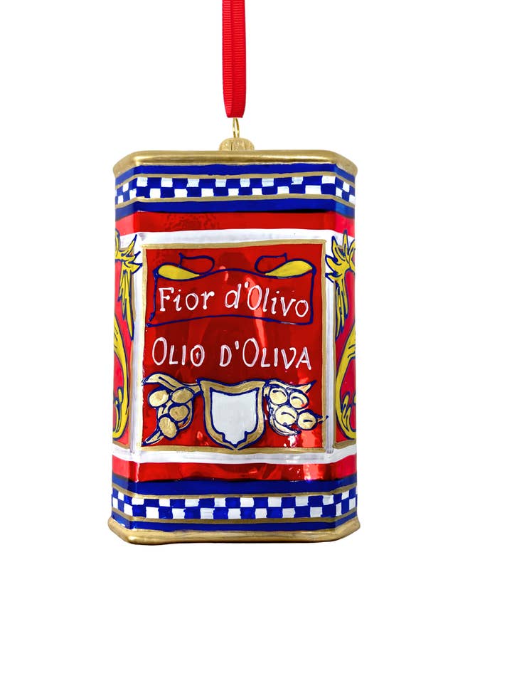 Ornement de Noël en verre polonais en forme de bidon d'huile d'olive rouge pour la vente par Kenzies of London