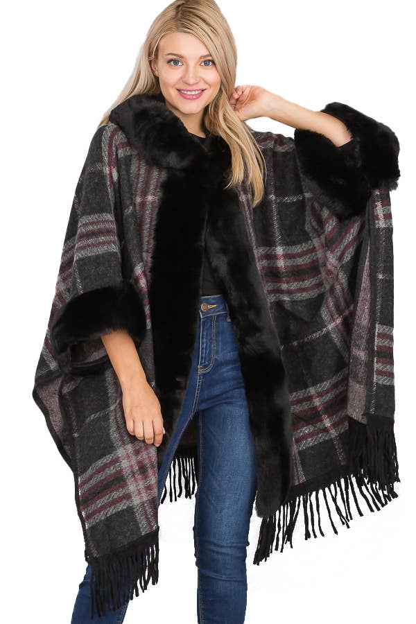 Grigio Poncho con cappuccio Ruana a silhouette aperta in stile eschimese scozzese in vendita all'ingrosso su Faire4