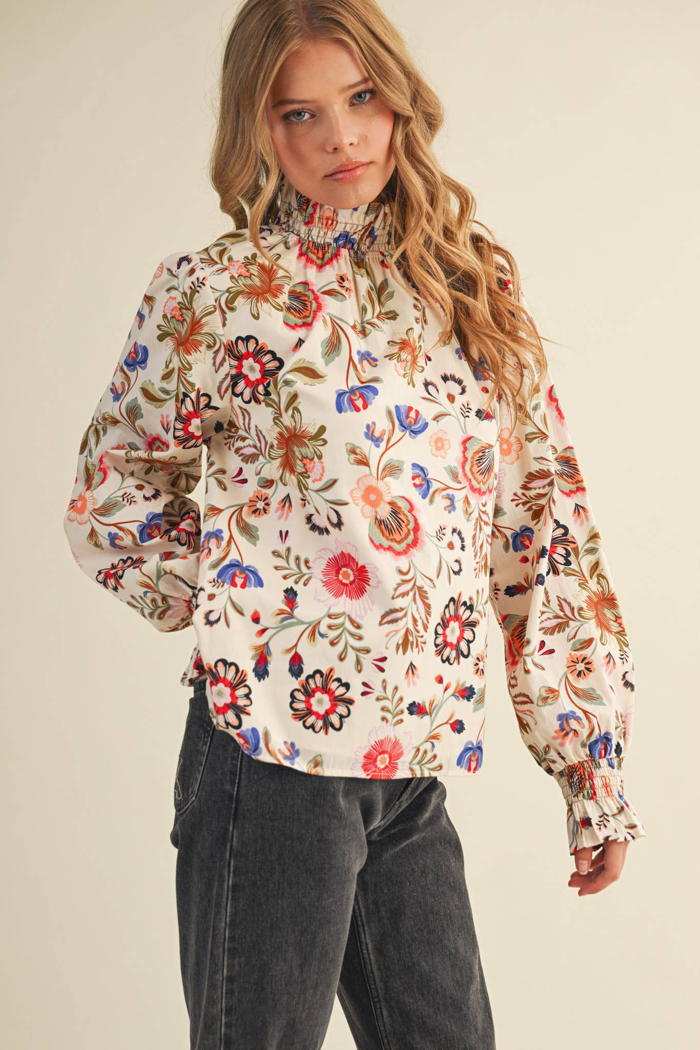 &MERCI - Wholesale Blouse - Women's - EXCLUSIVE FLORAL PRINT RUFFLED MOCK NECK TOP MTP42963