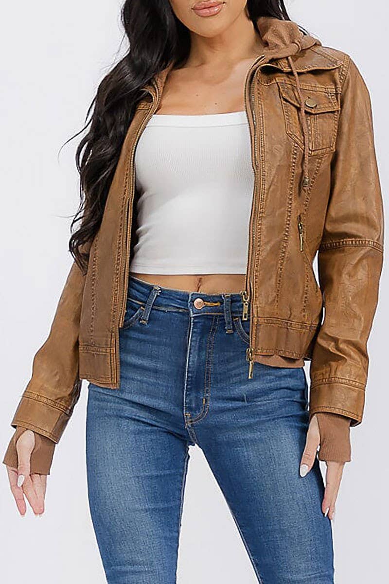 ROUSSEAU - Venta al por mayor Chaqueta de cuero - Mujer - CHAQUETA CON CREMALLERA, BOLSILLOS, CAPUCHA DESMONTABLE Y POLIPIEL PU1