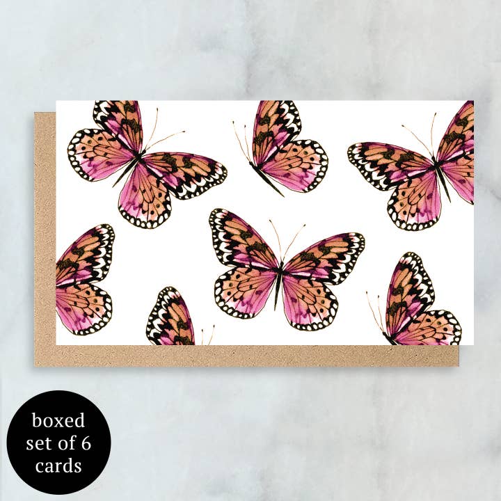 Mini kaarten met roze vlinders in doos, set van 6 stuks | Blank Everyday voor wholesale door Abigail Jayne Design