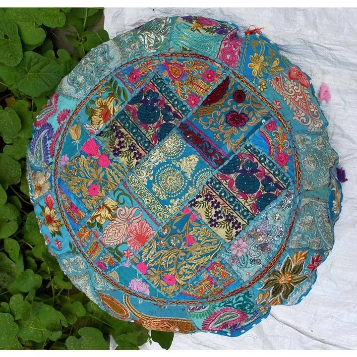 Turquoise Indian Handmade Round Meditation Pillow Boho Floor Cushions for wholesale on Faire