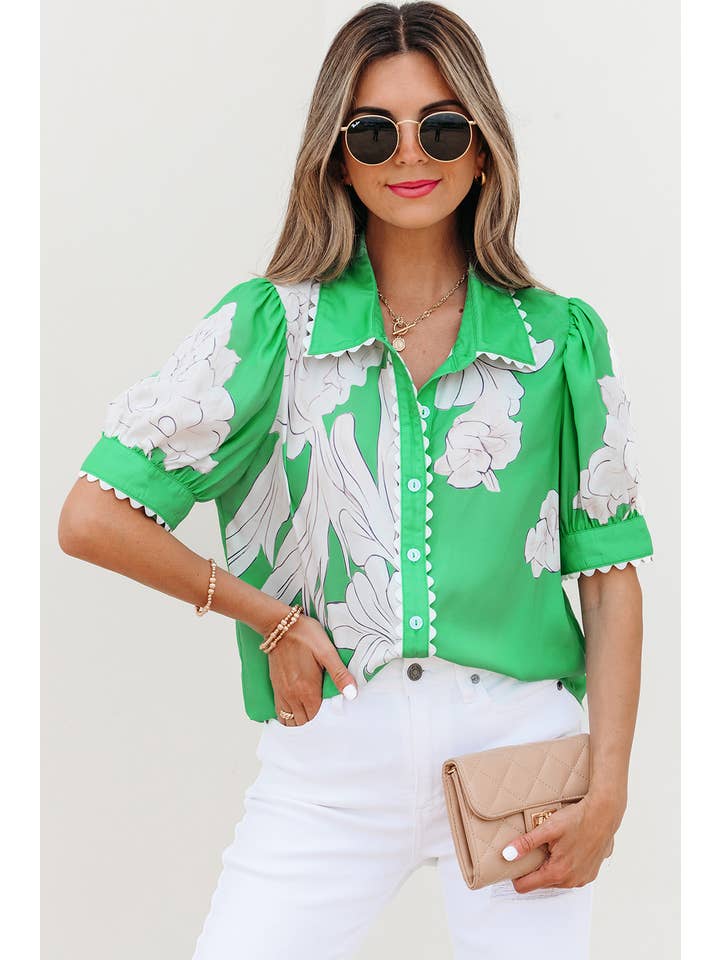 Aapparella - Vente Chemise à col boutonné – femme - Haut à boutons avec manches bouffantes et bordure en croquet floral | S-XL15