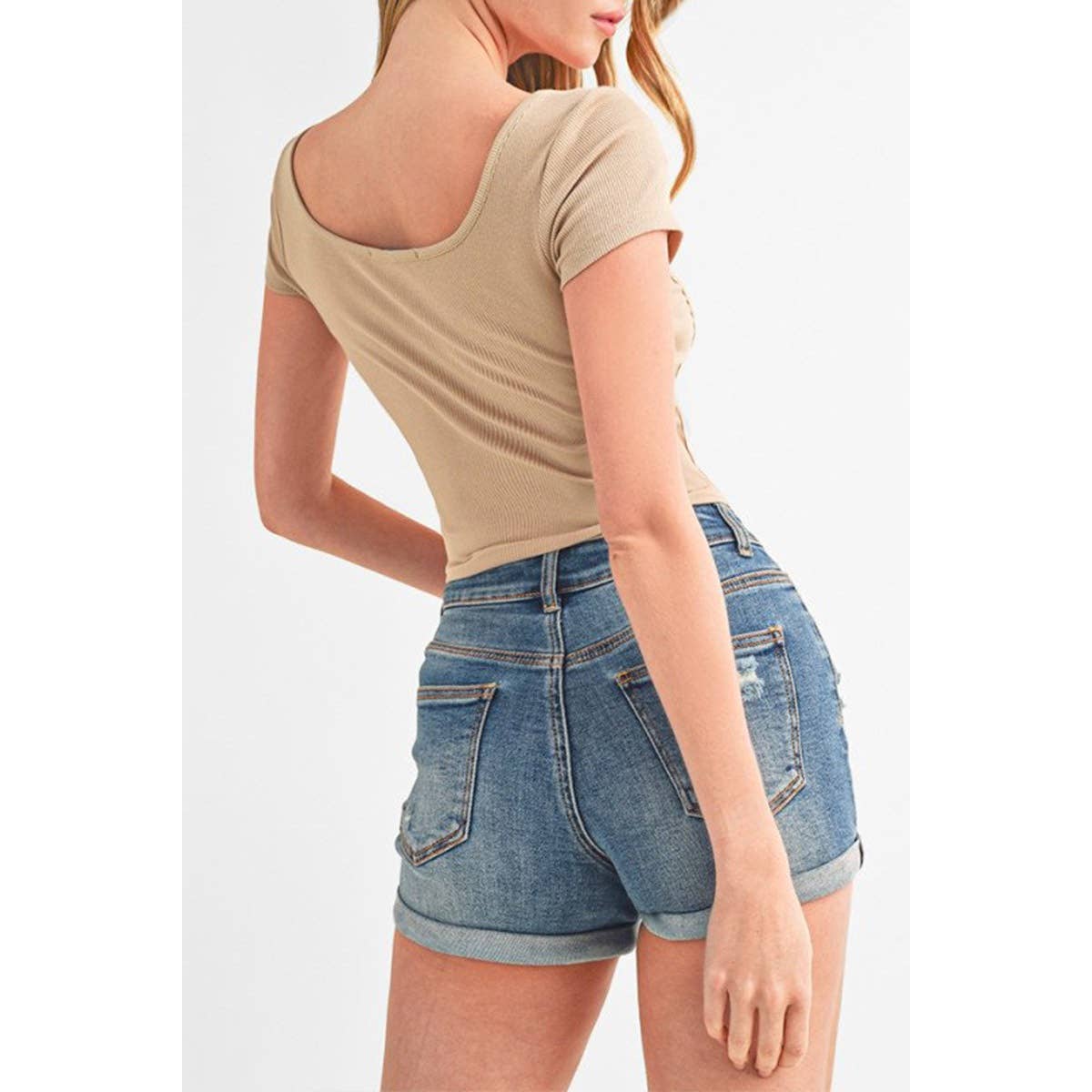 Timeless - Wholesale Knit Top - Women's - SQUARE NECK HOOK AND EYE BUSTIER SHORT SLEEVE TOP5