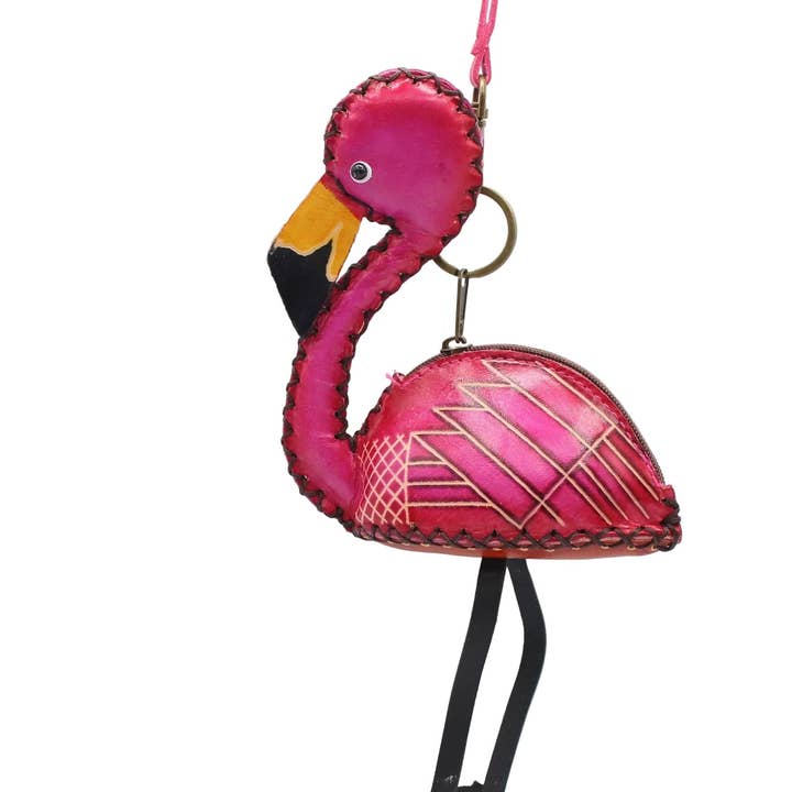 Leather flamingo coin purse wristlet for wholesale by Sunflower Handmade leather inc