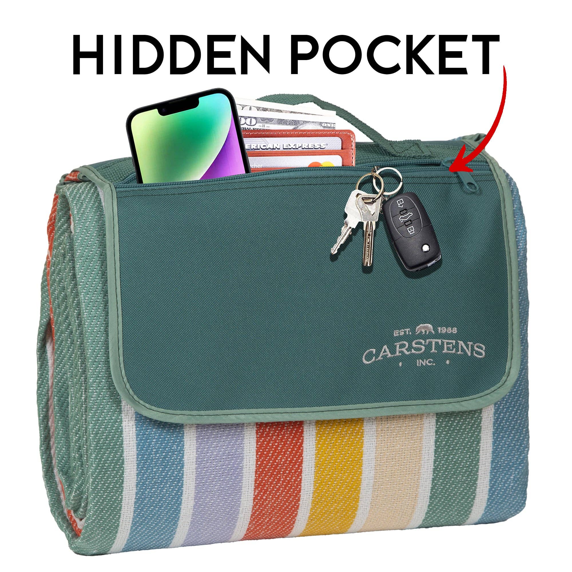 Carstens, Inc. - Vente Nappe de pique-nique - Journée à la plage couverture de pique-nique à rayures tissées4