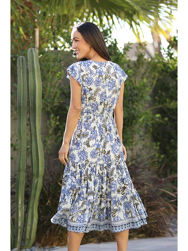 Nostalgia - Wholesale Dress - Women's - E1S44-A944 V NECK MIDI DRESS WITH SMOCKED WAIST