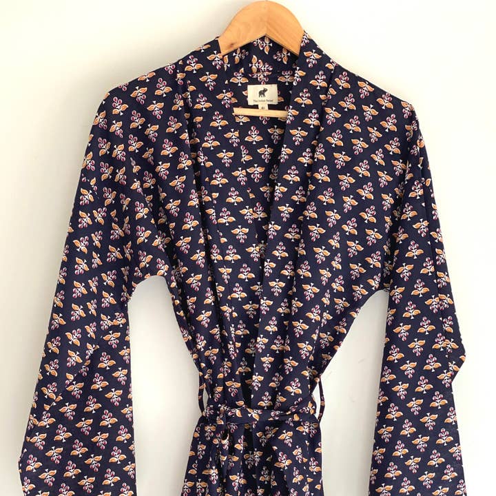 House Coat Damen - Marineblau Blockdruck+Tasche für den Großhandel von The Indian Bazaar