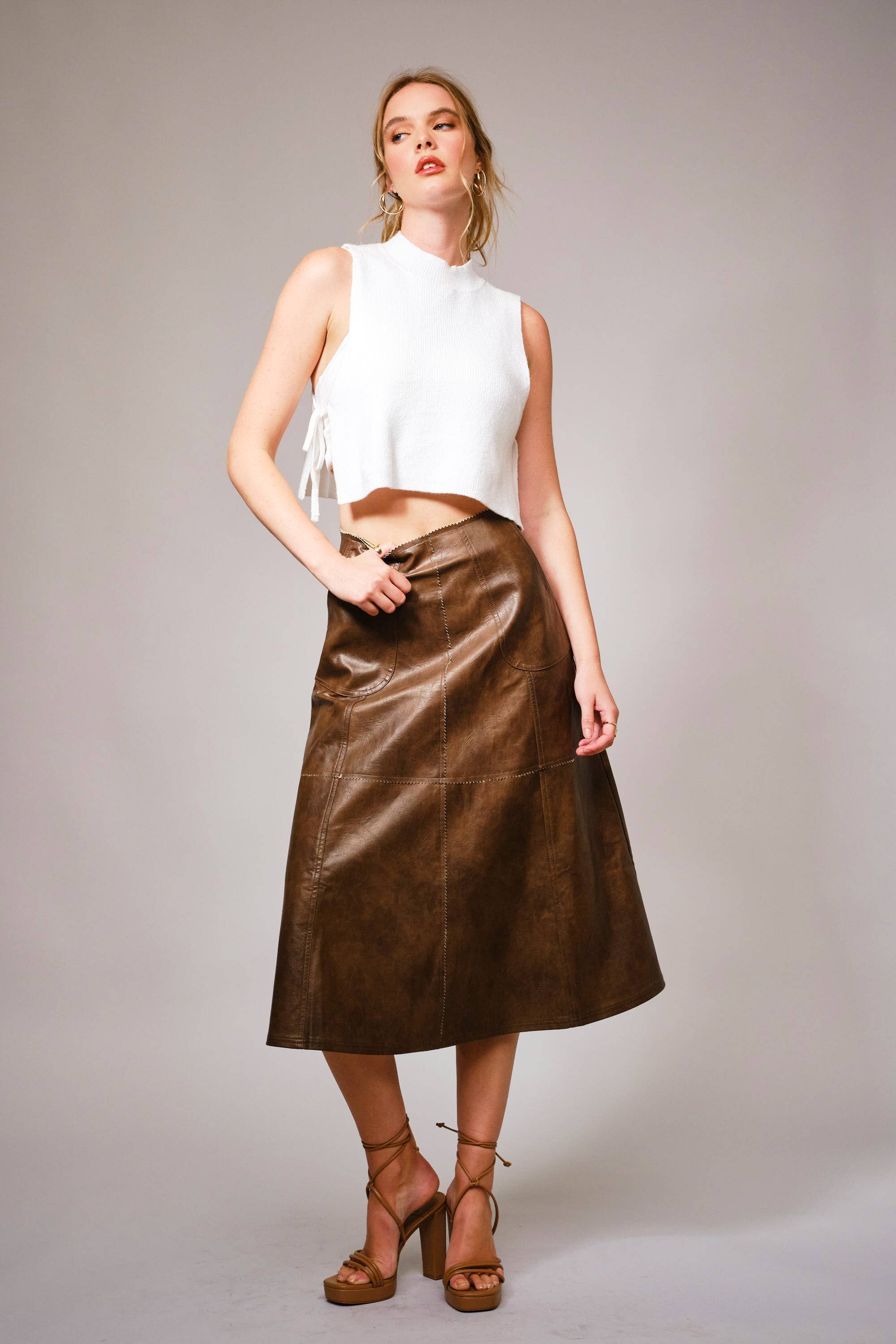 BROWN 37012S - Zigzag Seam Washed Faux Leather Midi Skirt for wholesale on Faire4