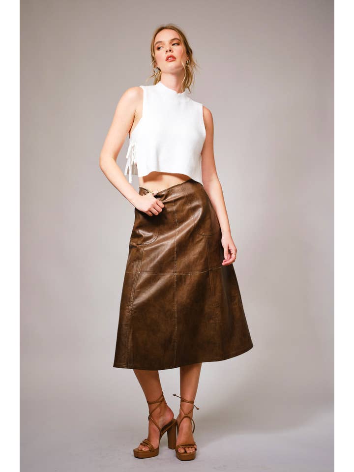 BROWN 37012S - Zigzag Seam Washed Faux Leather Midi Skirt for wholesale on Faire4