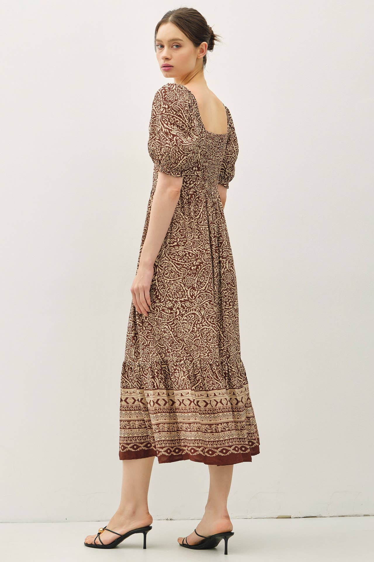 Be Cool - Vente Robe – femme - ROBE MIDI À MANCHES BOUFFANTES AVEC IMPRIMÉ BORDURE CACHEMIRE2