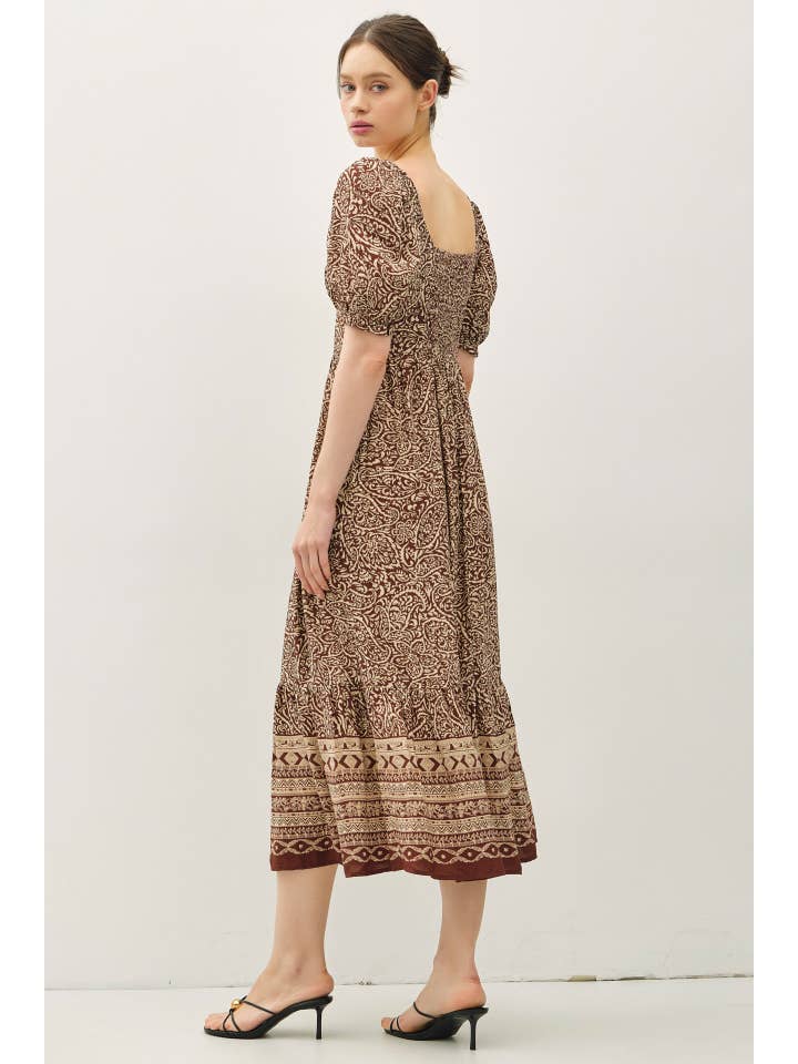 Be Cool - Wholesale Dress - Women's - PAISLEY BOARDER PRINT PUFF SLEEVE MIDI DRESS
2