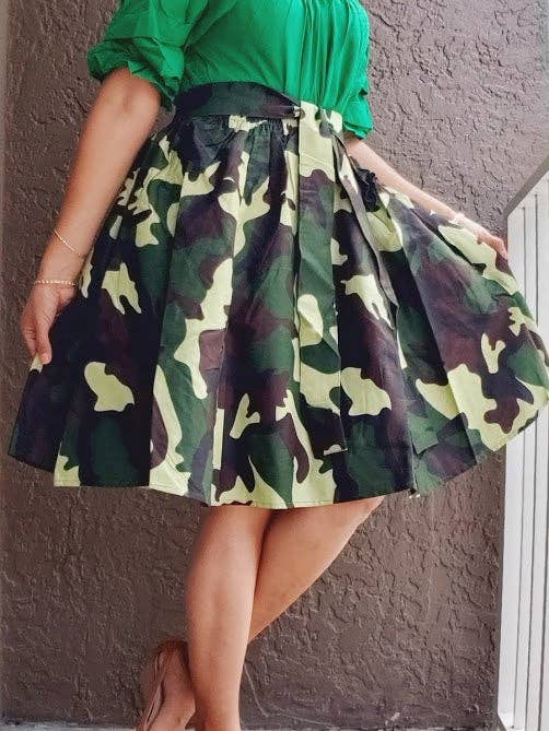 7008 Short Printed Flared Skirt- Green Camouflage for wholesale by India Batik