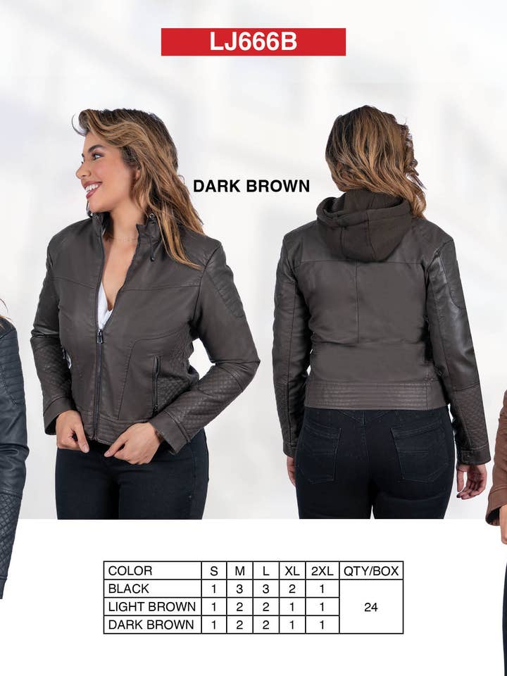 BLACK LIGHT BROWN DARK BROWN Women's PU Leather Hoodie Jackets (S-M-L-XL-2XL / 3-7-7-4-3) for wholesale on Faire