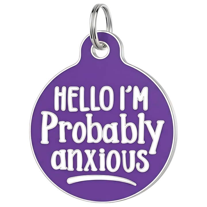 Medaglietta smaltata per cani con ID scansionabile - Ciao, sono ansioso *Viola per la vendita all'ingrosso da parte di Bad Tags
