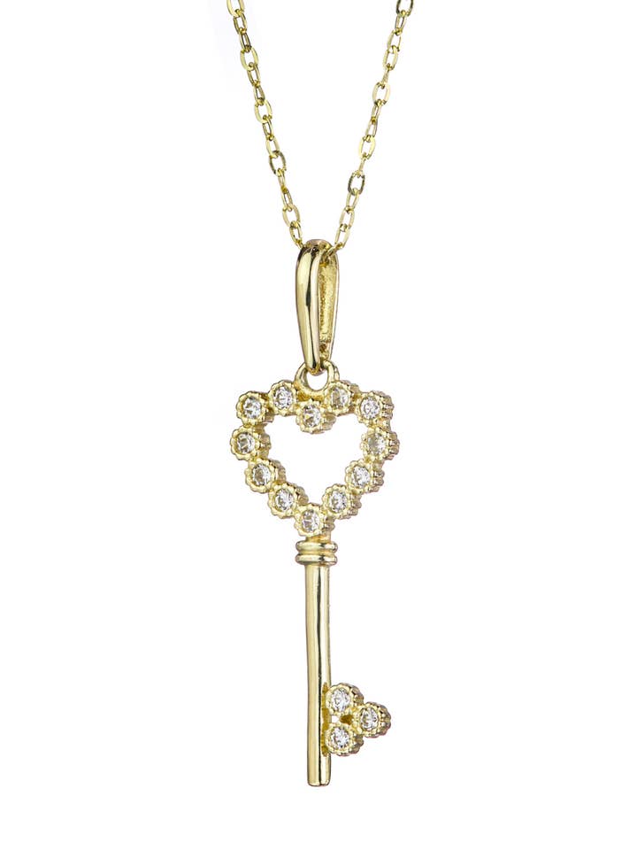 9ct Yellow Gold Cubic Zirconia Heart Key Pendant with Chain for wholesale by The Fine Collective