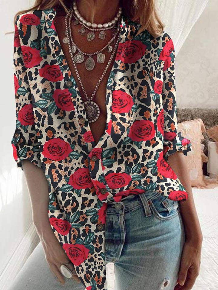 rose leopard print button front long sleeve shirt for wholesale by Queen Fashion