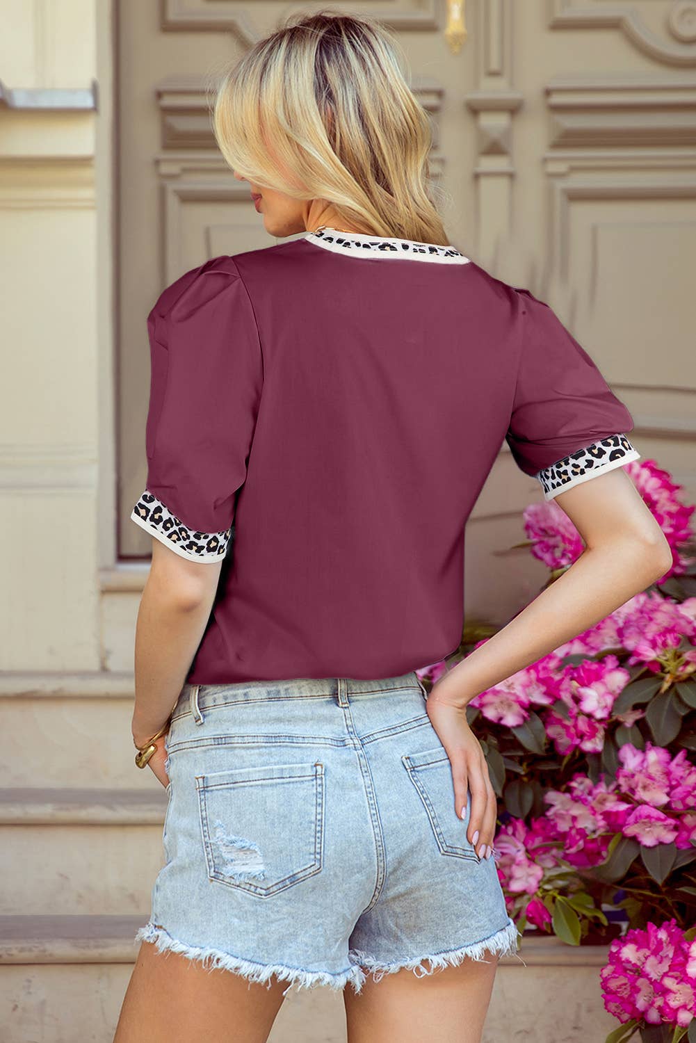 1 the Woman - Wholesale Blouse - Women's - Contrast Leopard Trim Split Neck Puff Sleeve Blouse1