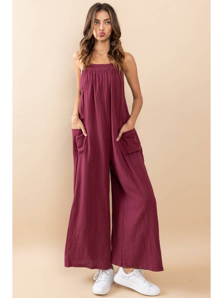 Ces Femme USA - Wholesale Jumpsuit - Women's - Cotton Gauze Solid Wide leg Jumpsuit / BI6881