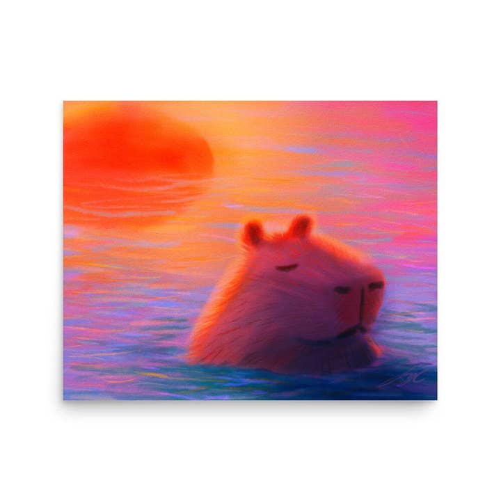 Capybara at Sunset Painting | Serene Sunset Art Print for wholesale by JoyousJoyfulJoyness