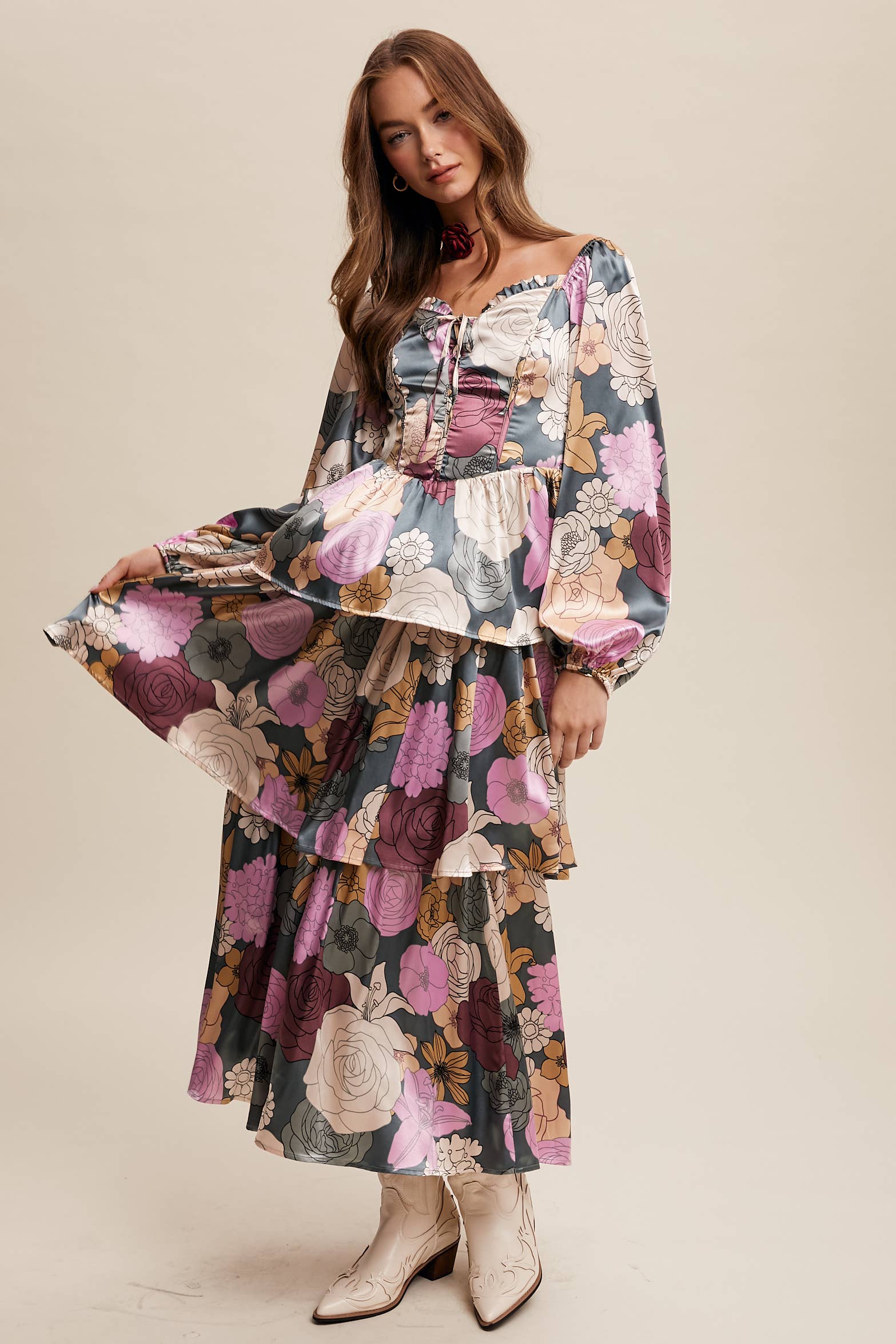 Listicle - Wholesale Dress - Women's - Floral Lace-Up Tiered Maxi Dress LD14485