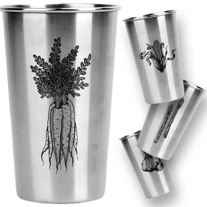 *NEW!* Stainless Steel Pint Cups - Garden Vegetables (Set of 4) for wholesale by Magic Pine Outfitters