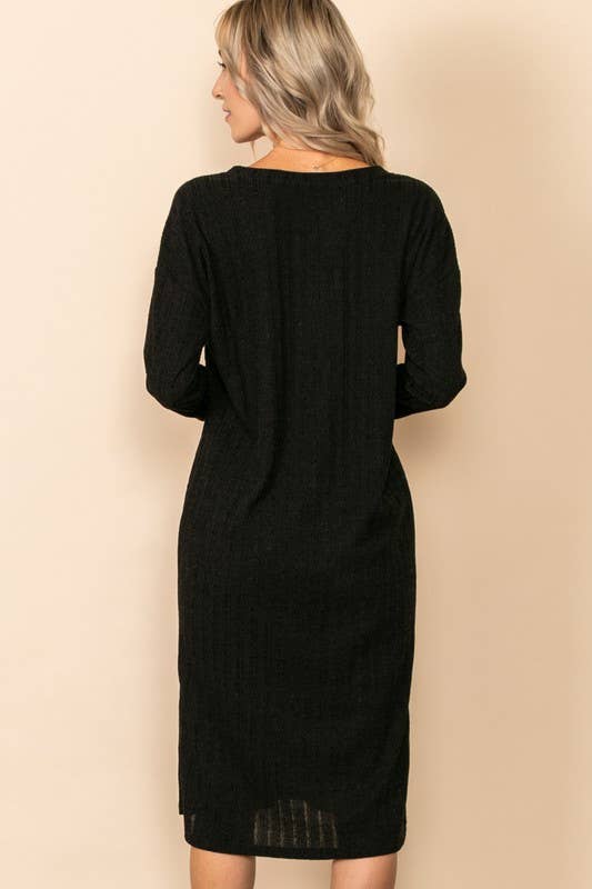 Elloh Collection - Wholesale Dress - Women's - Comfy Long Sleeve V Neck Knit Dress with Side Slits1