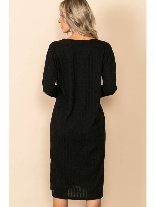 Elloh Collection - Wholesale Dress - Women's - Comfy Long Sleeve V Neck Knit Dress with Side Slits1
