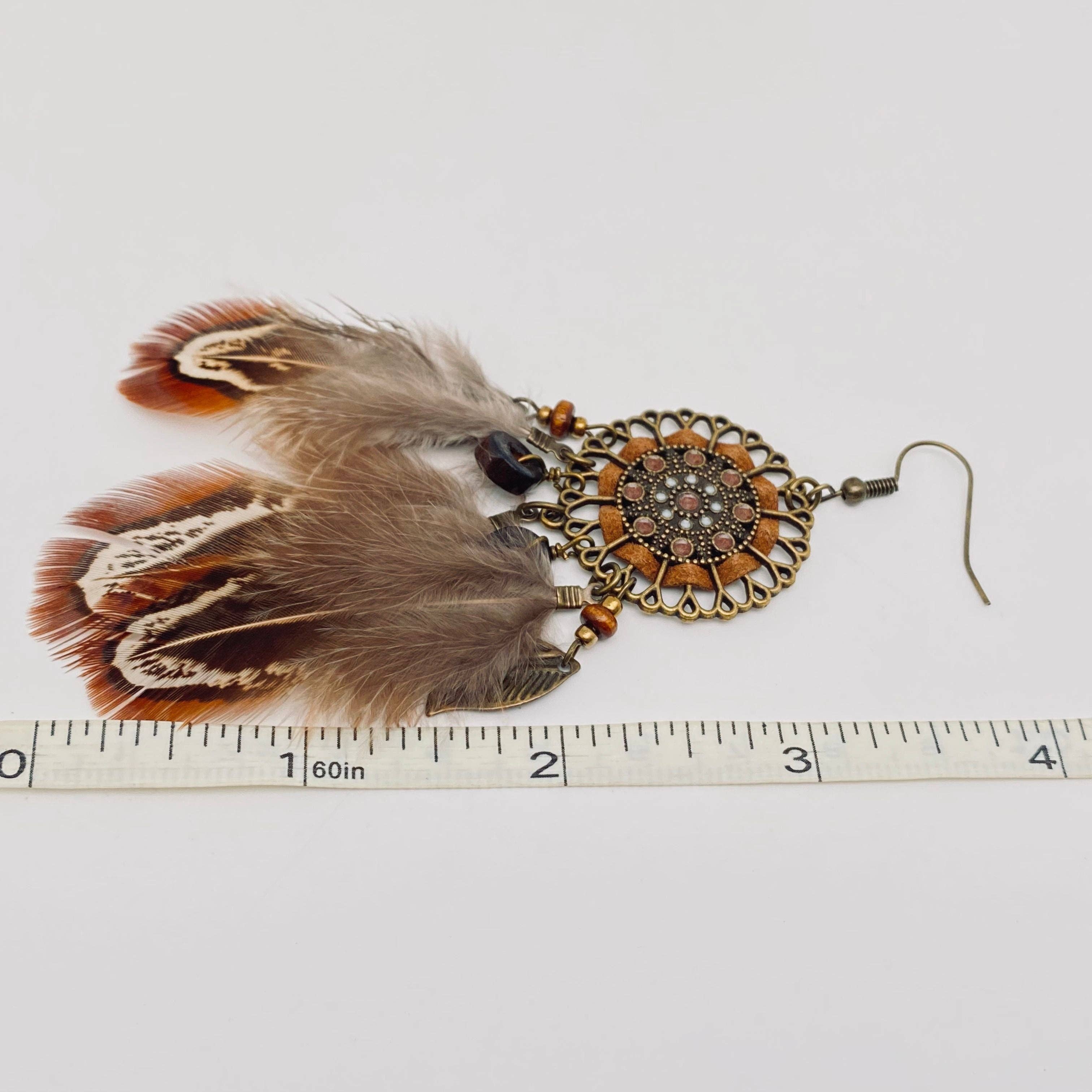 Picture color Feather Pendant Round Hollow out Woven Earrings Bohemian for wholesale on Faire1